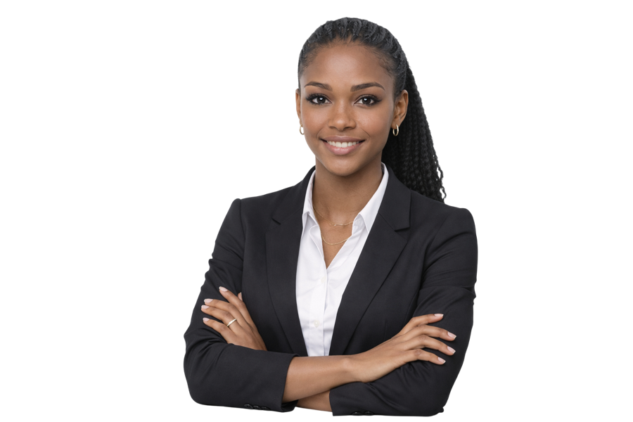 AVANI, Futron's intelligent operations interface, standing with arms folded in a professional dark uniform.